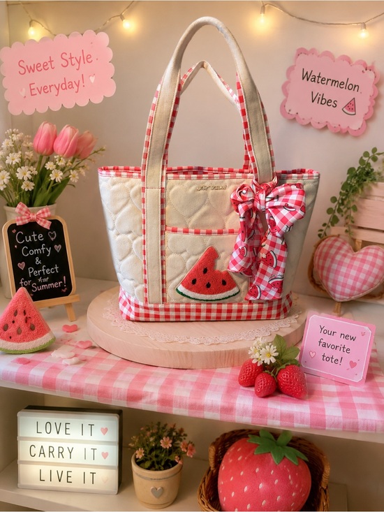 Betsey Johnson Handbags - Betsey Johnson Watermelon Gingham Quilted Tote + Pouch Set 🍉🎀